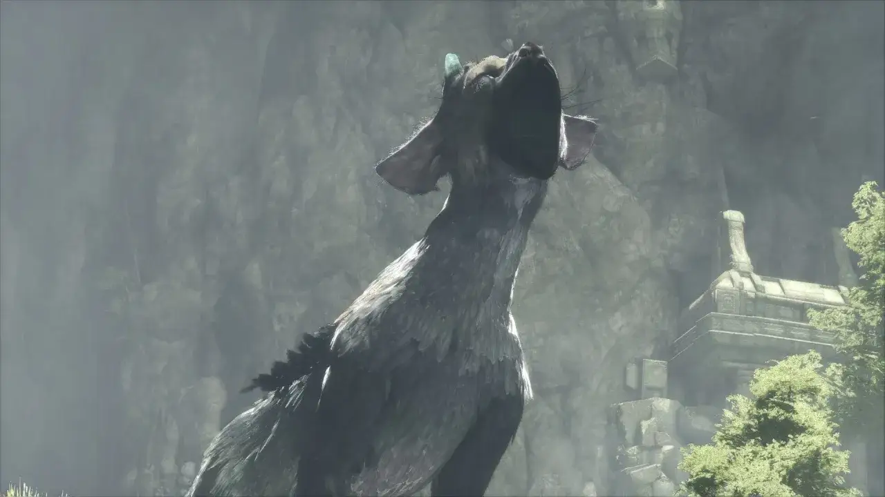 Trico, wierny towarzysz z gry The Last Guardian na PS4, wyje w kierunku mglistych g&oacute;r.