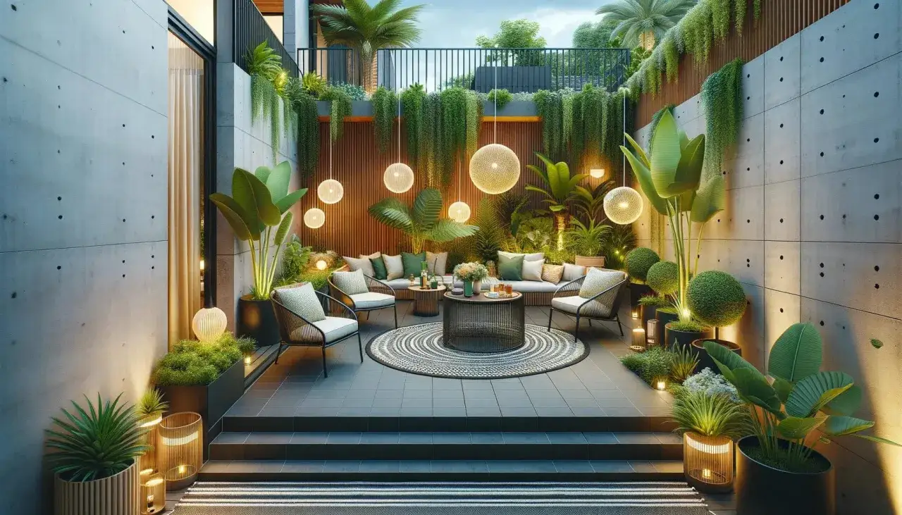Am&eacute;nagement d'une terrasse de 30m2 luxuriante avec mobilier confortable, &eacute;clairage d'ambiance et v&eacute;g&eacute;tation tropicale.