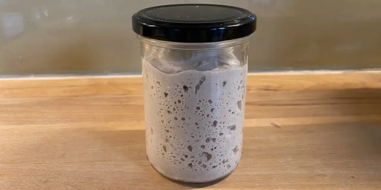 Ein Glas mit lebendigem Sauerteig, bereit zum Auffrischen. Blasen zeigen die Aktivität.