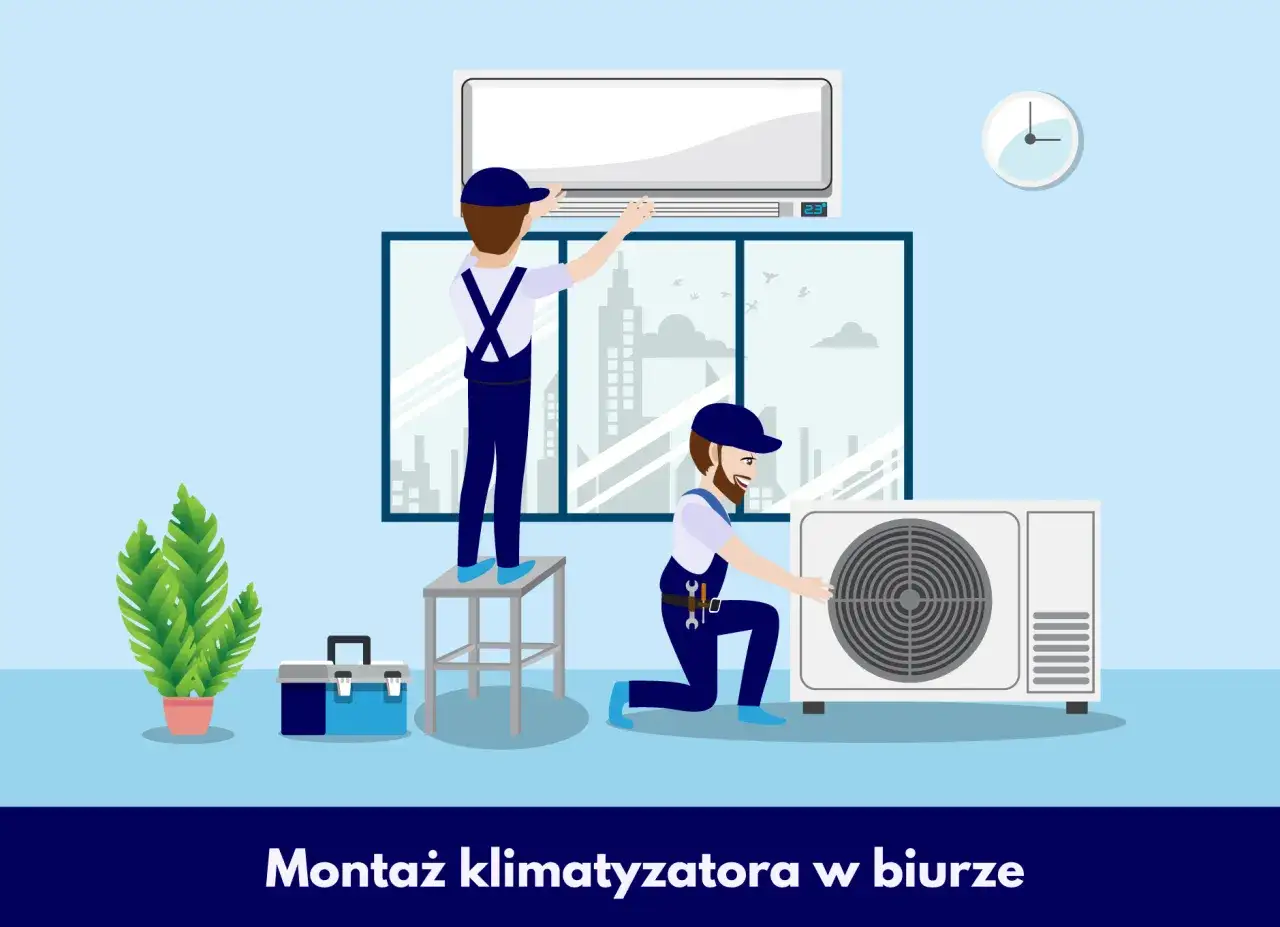 Dwóch techników montuje klimatyzator w biurze, jeden na drabinie, drugi przy jednostce zewnętrznej.