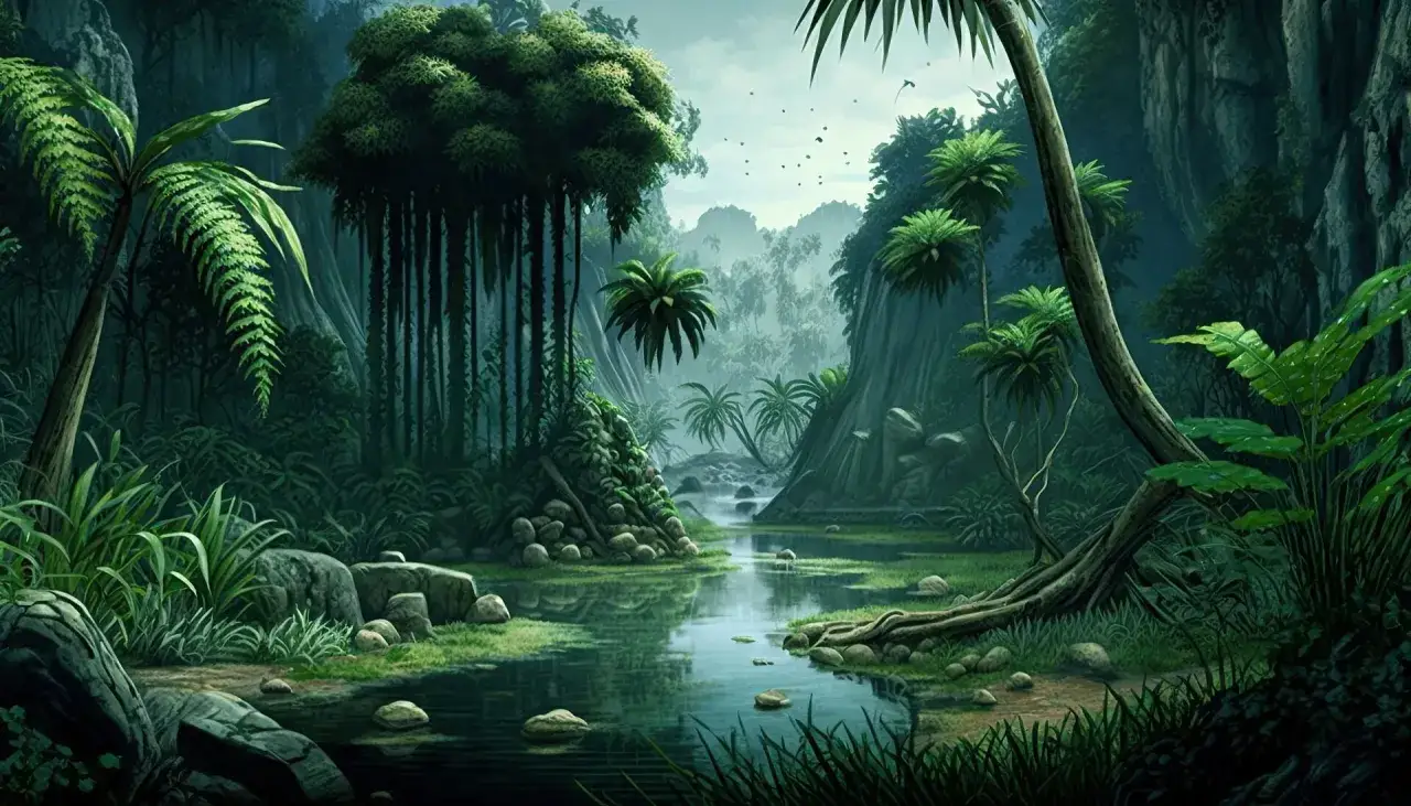 Gęsty, zielony las deszczowy z wodą i kamieniami. Kody the forest, pełen bujnej roślinności i tajemniczych zakątków.