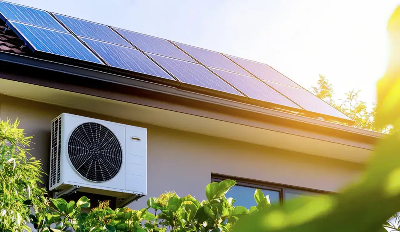 Unidad exterior de aire acondicionado bajo paneles solares en un tejado, aprovechando la energ&iacute;a solar para la aerotermia.