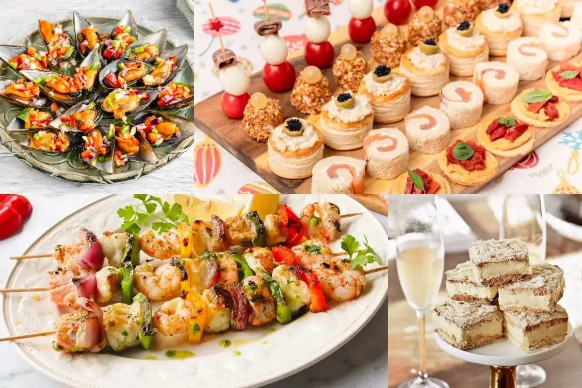 Deliciosos segundos platos para Nochevieja: mejillones, brochetas de marisco y canap&eacute;s festivos.
