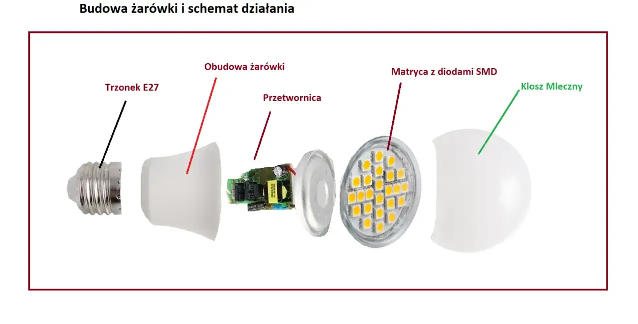 Rozłożona żarówka LED: trzonek E27, obudowa, przetwornica, matryca z diodami SMD i mleczny klosz.