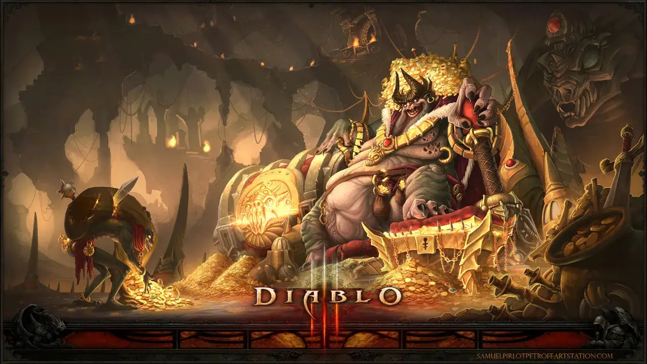 Potężny demon siedzi na górze złota, podczas gdy mniejszy demon kradnie monety. Wyobraź sobie, że to scena z Diablo 3, gdzie **diablo 3 crossplay** pozwoliłby na wspólną grę z przyjaciółmi na różnych platformach.