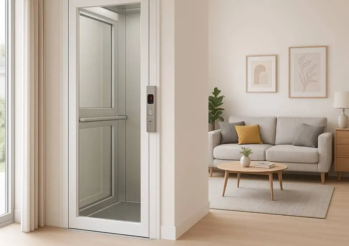 Un elegante miniascensore più piccolo, con finiture in vetro e metallo, si integra perfettamente in un soggiorno moderno con divano e tavolino.