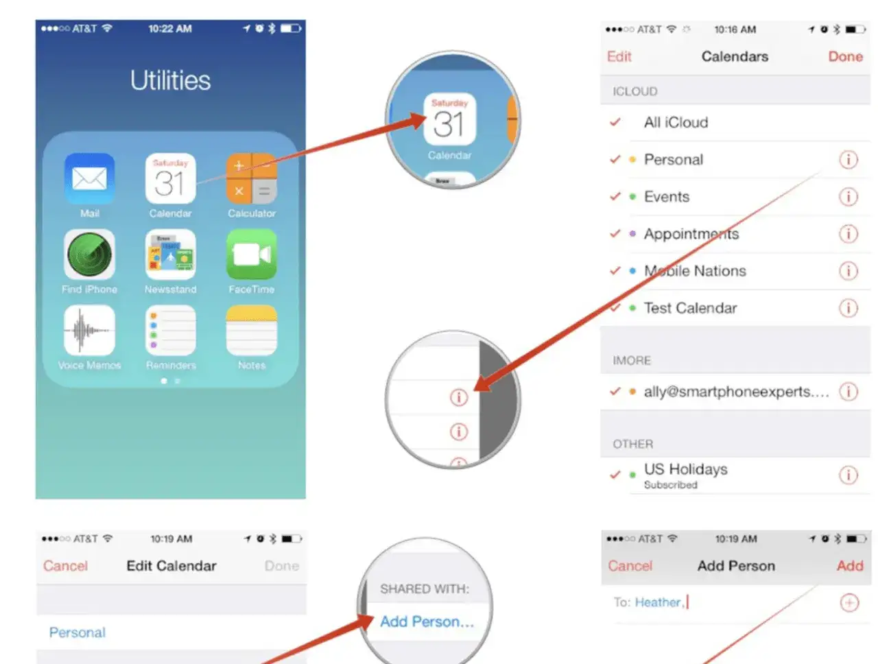 Partagez votre calendrier iPhone ou Android. L'image montre comment ajouter une personne à un calendrier partagé.