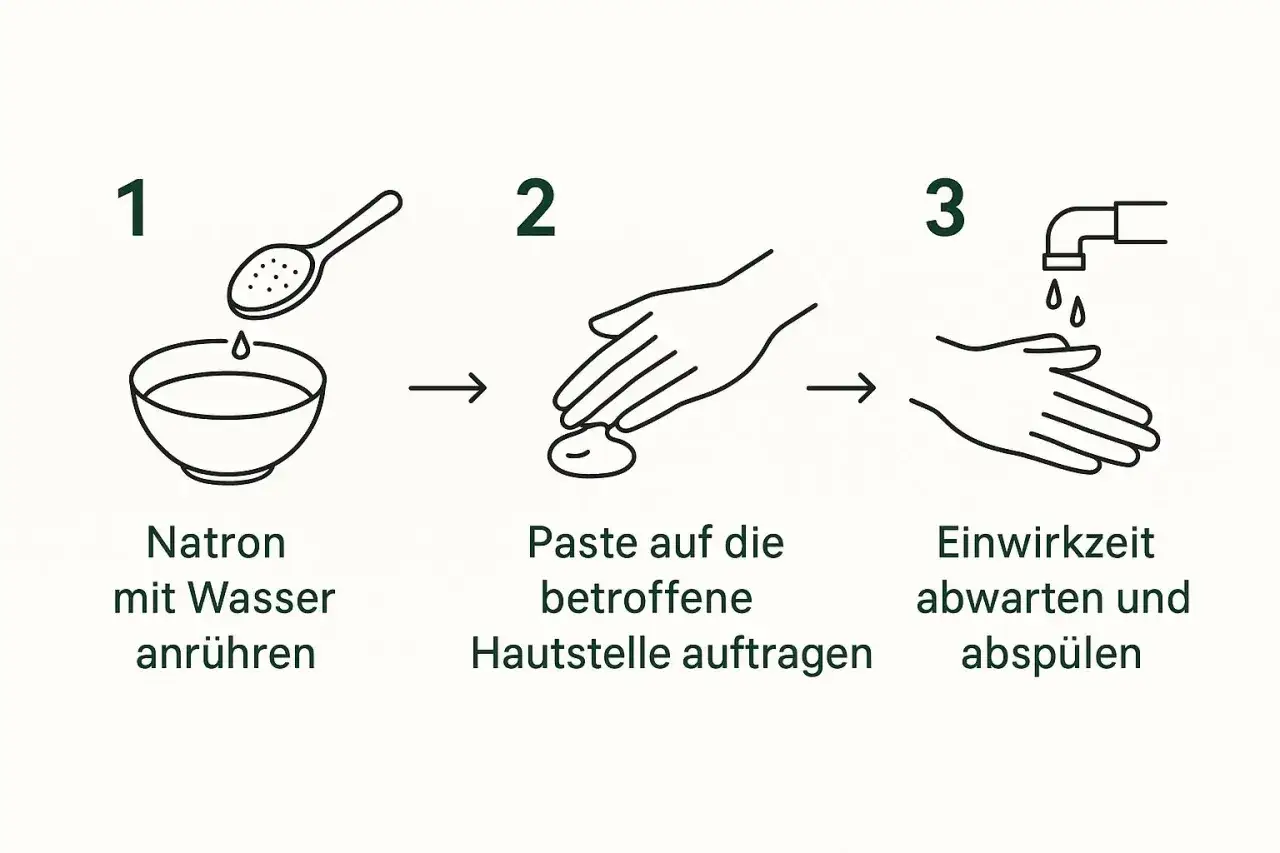 Anleitung: Natron mit Wasser anr&uuml;hren, Paste auftragen, einwirken lassen und absp&uuml;len. Hilft bei Juckreiz.