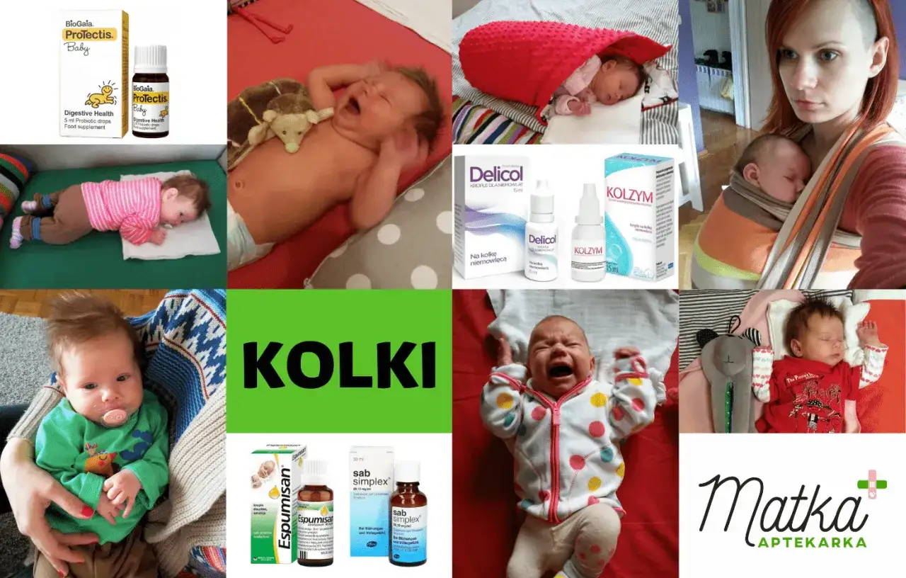 Maluchy cierpiące na kolki u noworodka, leki na ich łagodzenie, mama z dzieckiem w chuście.