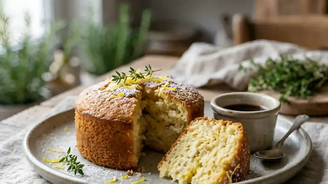 Délicieuse cassata al forno, un gâteau de riz sicilien, saupoudré de sucre glace et garni de zeste de citron et de thym.