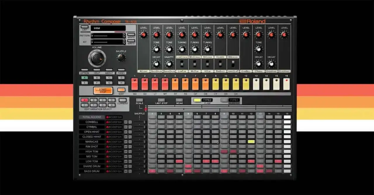 Roland TR-808 Drumcomputer-Interface, ideal f&uuml;r kostenlose 808 VST-Sounds.