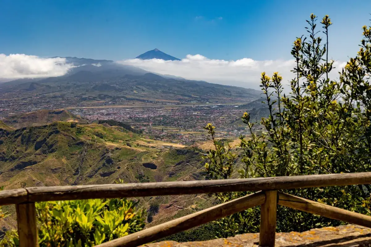 Vista panorámica desde el **monte de las Mercedes** con el Teide al fondo, un pueblo en el valle y vegetación en primer plano.