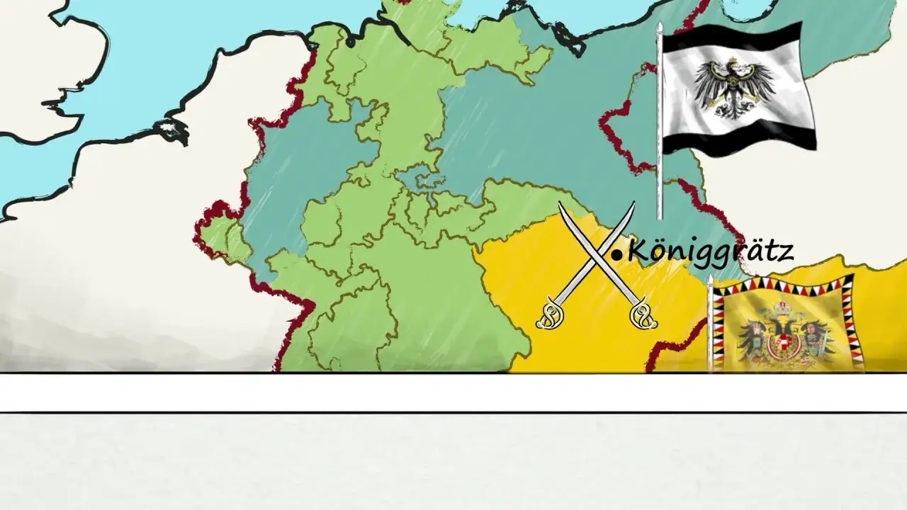Karte zeigt die deutsche Frage im 19. Jahrhundert. Gekreuzte S&auml;bel und Flaggen deuten auf Konflikte hin.