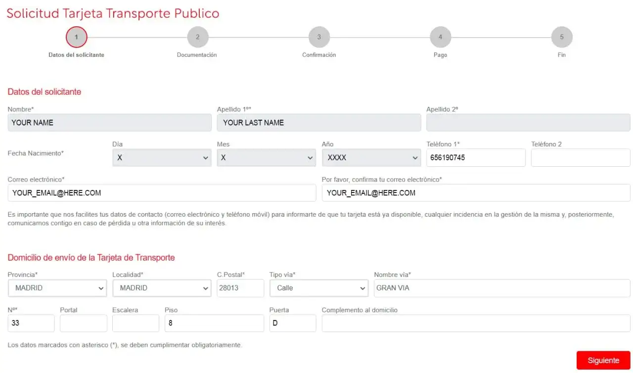 Formulaire de demande de carte transport Madrid étudiant. Remplissage des informations personnelles et de l'adresse pour recevoir la carte.