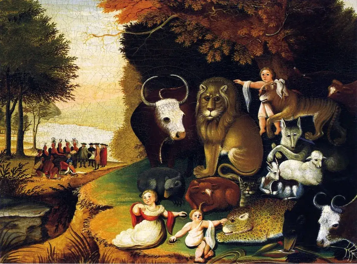 Friedliche Tiere wie L&ouml;we, B&uuml;ffel und Tiger ruhen friedlich neben Kindern. Gott liebt alle Tiere, und diese Szene zeigt Harmonie.