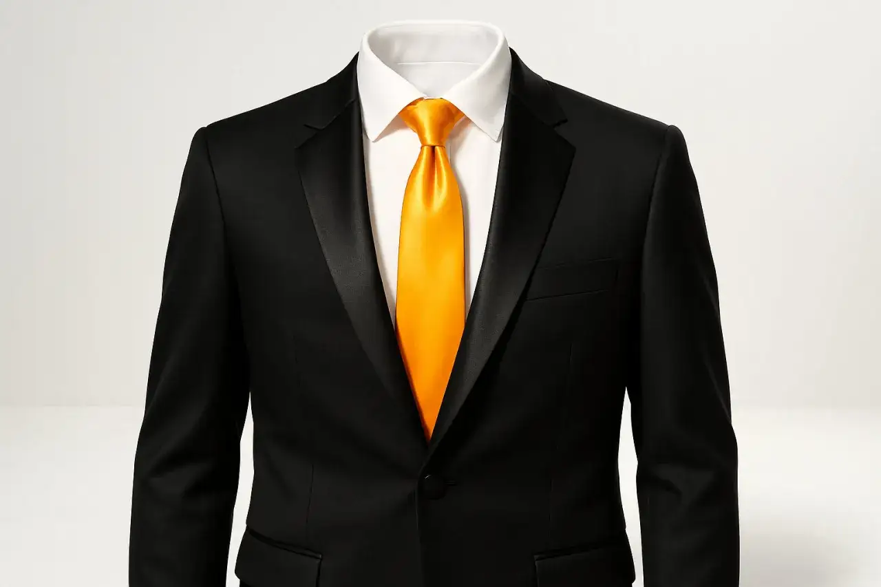 A black tuxedo with satin lapels, a white shirt, and a bright orange regular tie. Ready for a formal event.