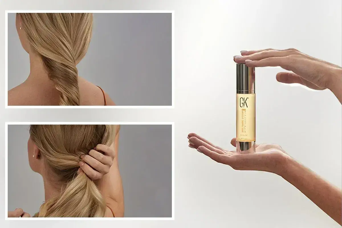 Tv&aring; bilder visar blont h&aring;r som stylas, en tredje visar en flaska med arganolja h&aring;rserum.