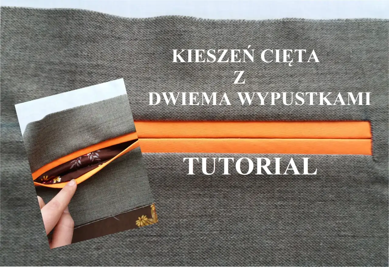 Jak uszyć kieszeń z wypustką: tutorial pokazujący detale szycia kieszeni z podwójną, pomarańczową wypustką na szarym materiale.