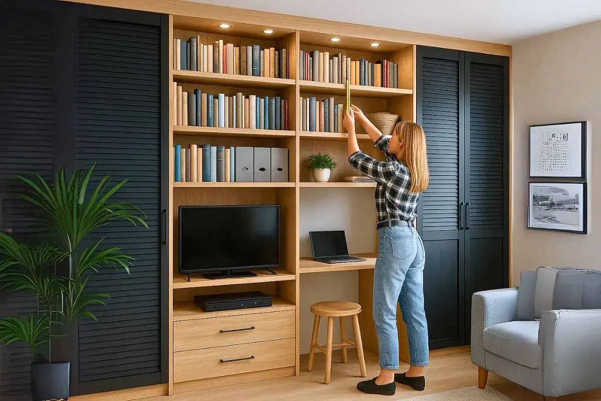 Frau sortiert B&uuml;cher in einem ma&szlig;gefertigten Einbauschrank, der wie ein DIY-Projekt wirkt.