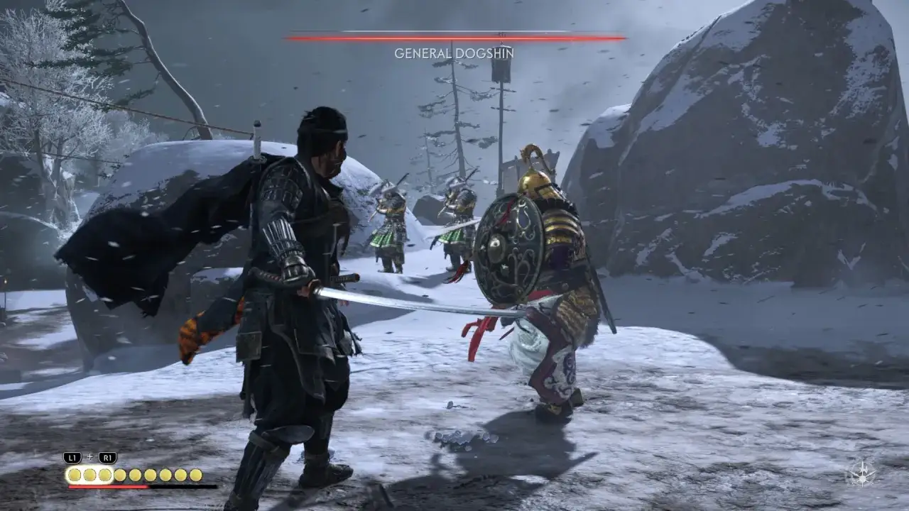 Samuraj walczy z generałem Dogshinem w śnieżnej scenerii. Gra Ghost of Tsushima oferuje wiele godzin epickiej rozgrywki.