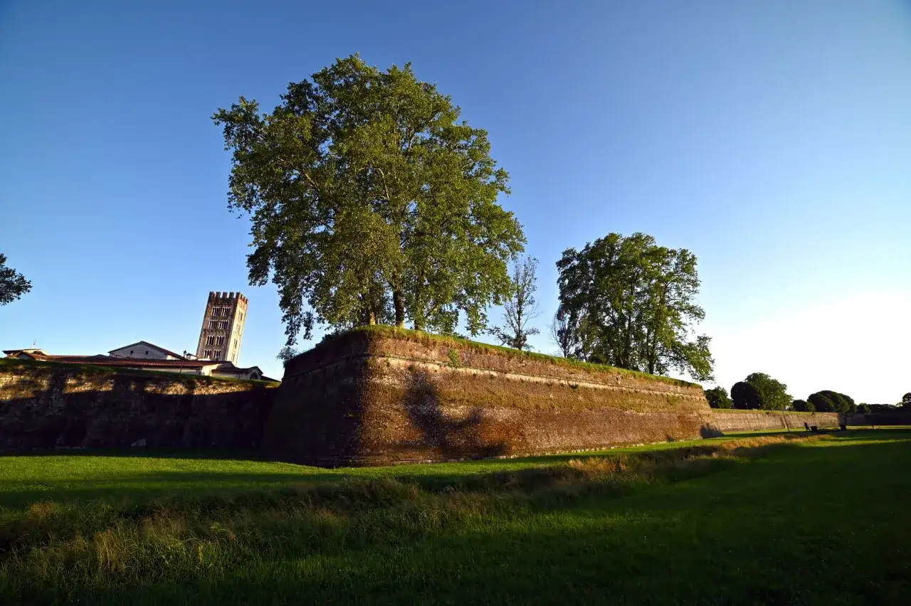 Mura di Lucca con torre campanaria e alberi, ideale per scoprire cosa vedere a Lucca in 2 giorni.