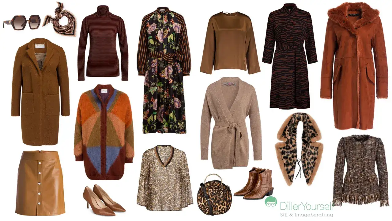 Mode-Kollektion in warmen Erdt&ouml;nen: welche farben passen zusammen kleidung? Braun, Orange, Beige und Leo-Muster.