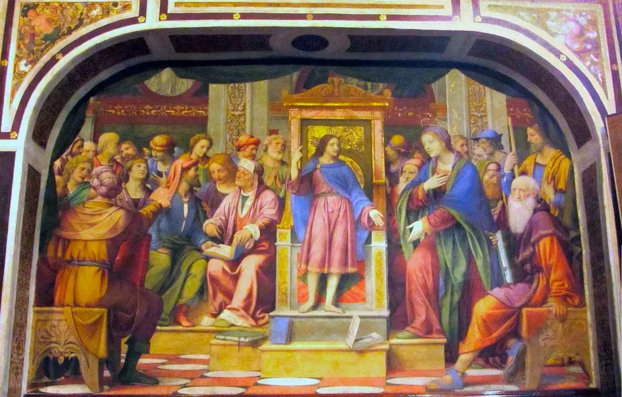 Sc&egrave;ne biblique peinte par Bernardino Luini, avec J&eacute;sus au centre, entour&eacute; de disciples et de figures religieuses.