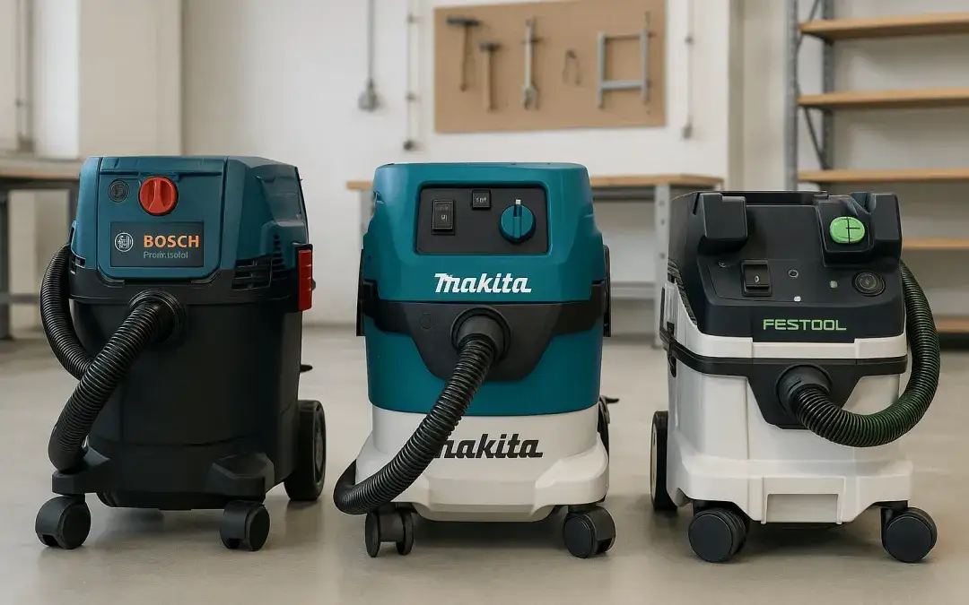 Porównanie odkurzaczy przemysłowych Makita VC2512L i Bosch GAS 15 obok siebie