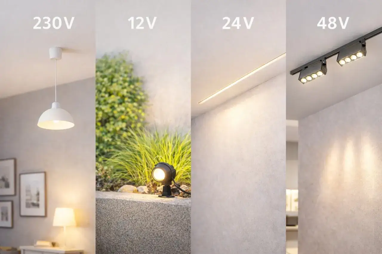 R&oacute;żne rodzaje oświetlenia: lampa wisząca 230V, ogrodowa 12V, liniowa 24V i reflektory szynowe 48V. R&oacute;żne napięcie znamionowe, r&oacute;żne zastosowania.