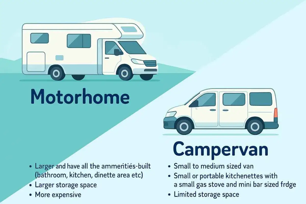Comparaci&oacute;n entre un motorhome y un camper o autocaravana. El motorhome es m&aacute;s grande y equipado, el camper es m&aacute;s compacto.