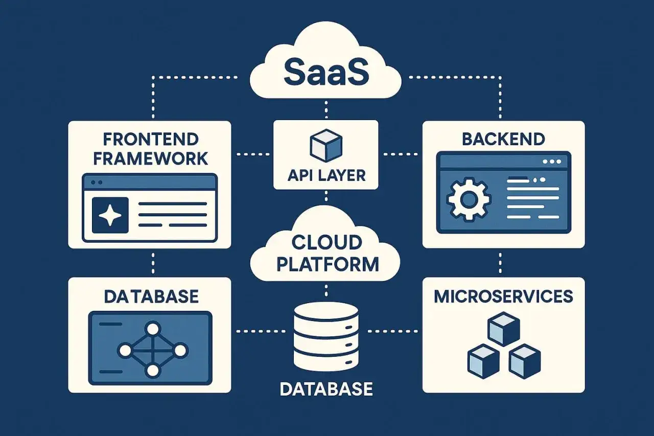 Schemat przedstawia nowoczesny **stack technologiczny**: SaaS, API Layer, Cloud Platform, Frontend, Backend, Database i Microservices.