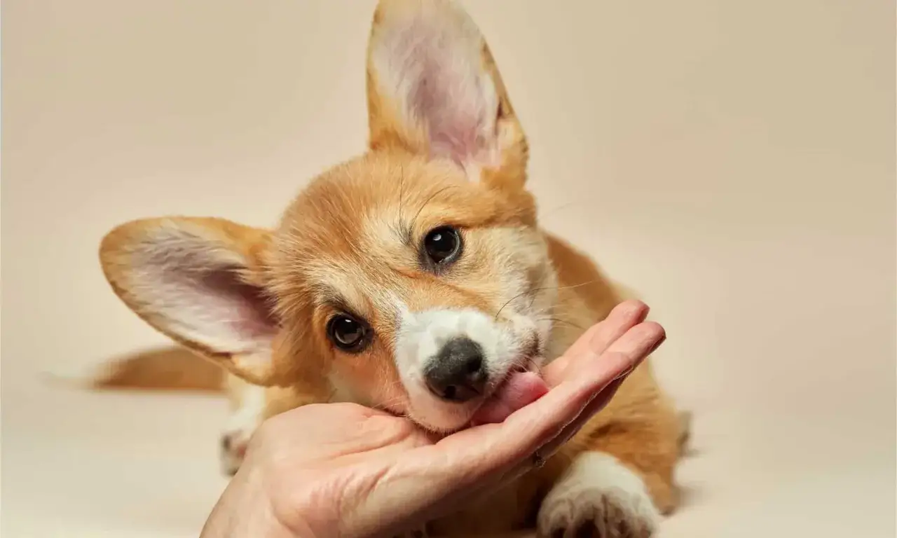 Uroczy szczeniak corgi liże dłoń, okazując czułość. To jeden ze sposob&oacute;w, dlaczego pies liże człowieka &ndash; okazuje przywiązanie.