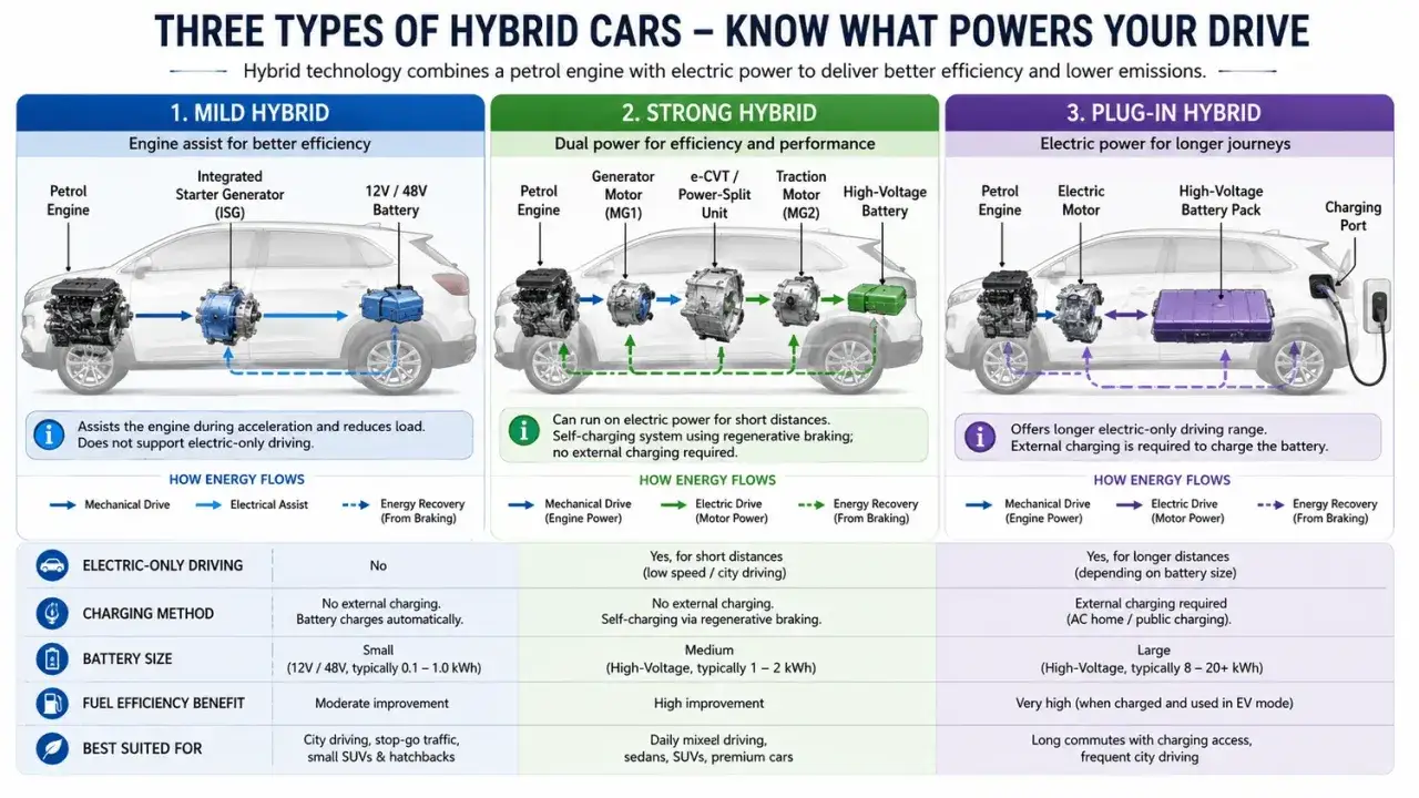 Poznaj trzy rodzaje hybryd: Mild, Strong i Plug-in. Każdy oferuje inne korzyści i sposoby ładowania.