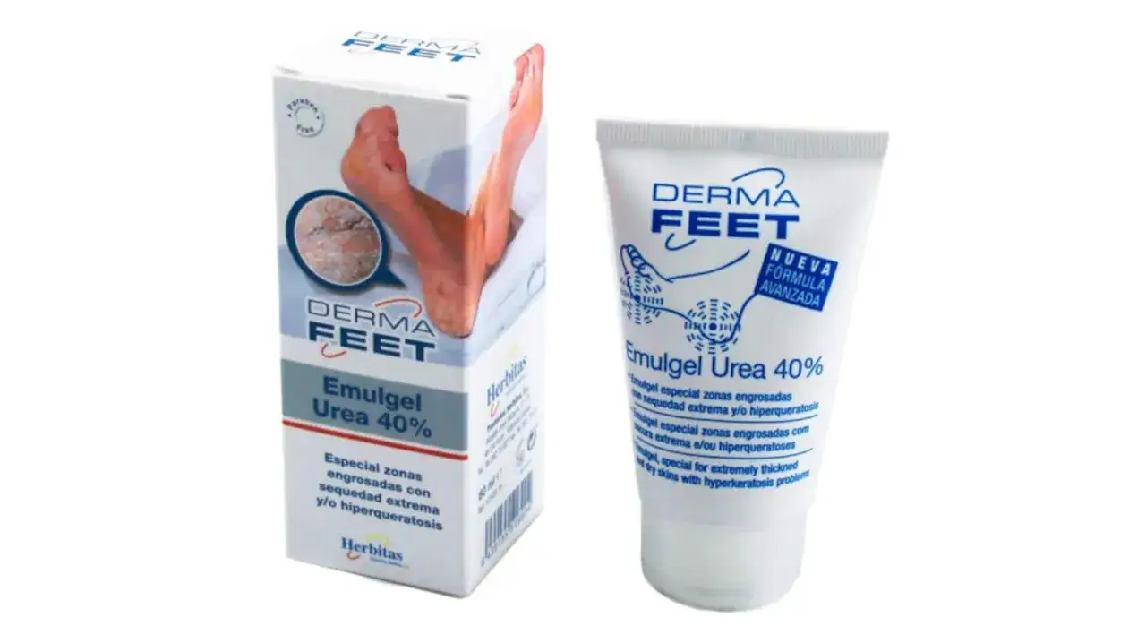 Caja y tubo de Derma Feet Emulgel Urea 40%, ideal para saber como hidratar los pies con sequedad extrema.