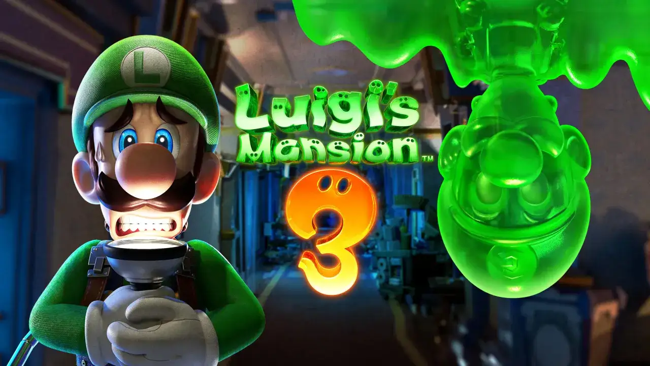 Luigi, asustado, sostiene su aspiradora frente a un fantasma verde y el logo de Luigi's Mansion 3, juego para Nintendo Switch.