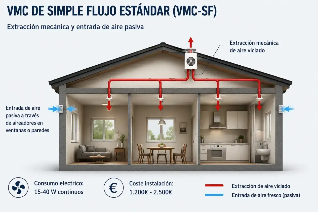 Diagrama de una casa que muestra un sistema de **ventilaci&oacute;n simple flujo**. El aire viciado se extrae mec&aacute;nicamente y el aire fresco entra pasivamente.