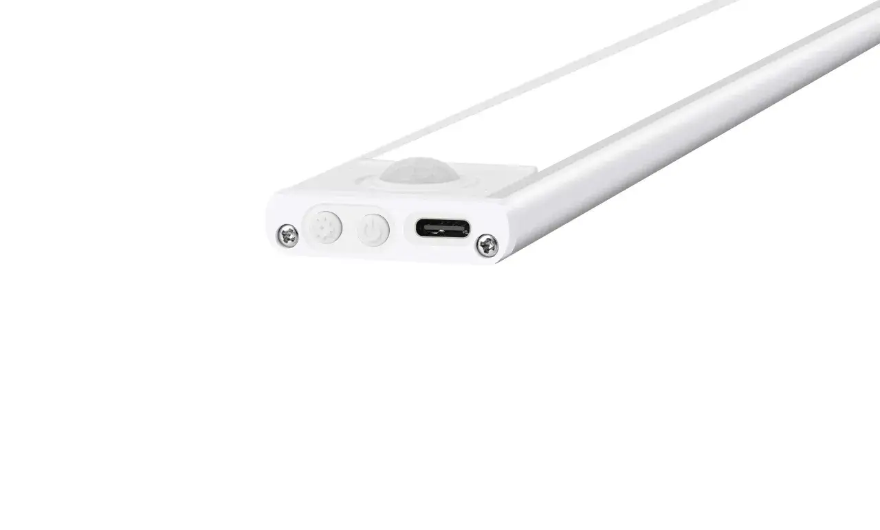 Barre LED blanche avec d&eacute;tecteur de mouvement et port USB-C, id&eacute;ale pour un contr&ocirc;le technique discret et efficace.