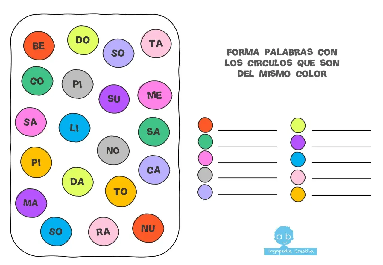 Actividad de lectoescritura 1 primaria: forma palabras uniendo sílabas del mismo color.