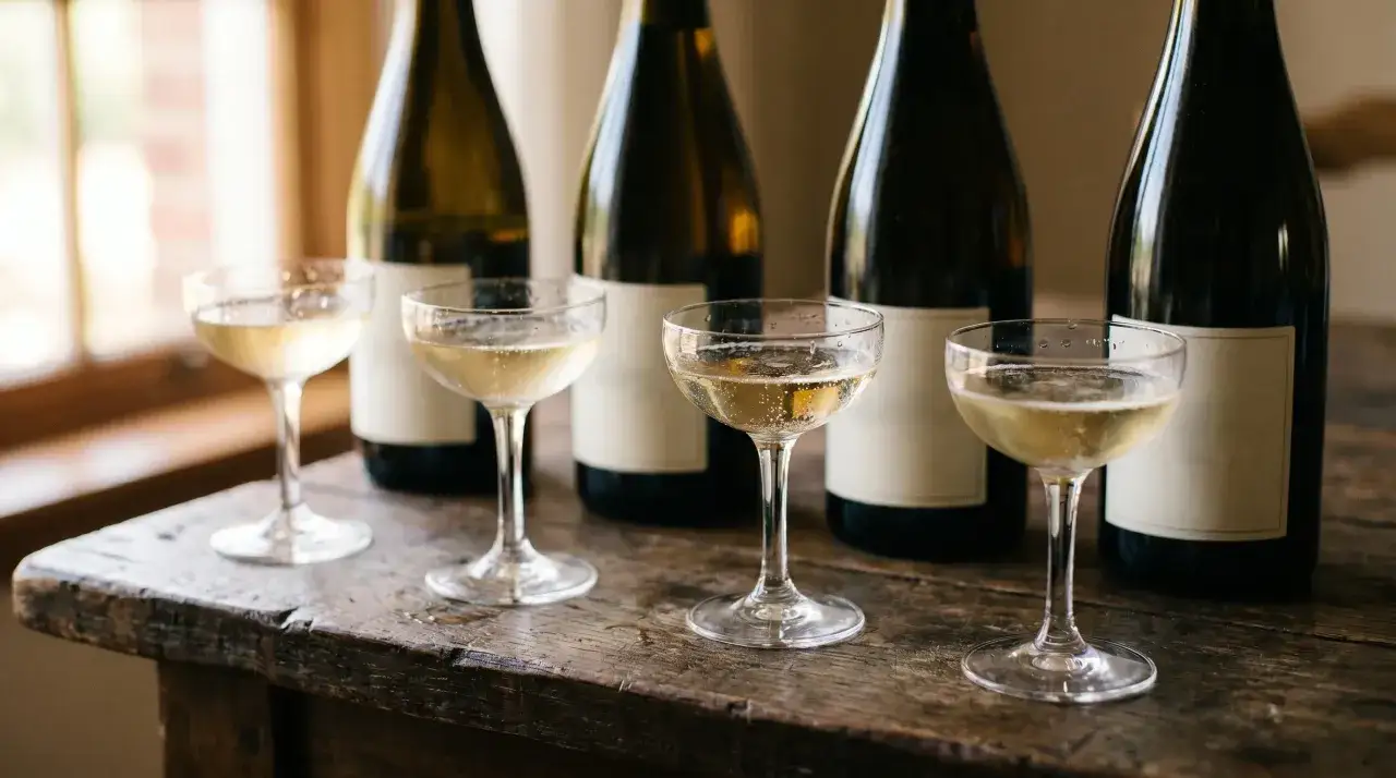 Vier Gl&auml;ser mit sprudelndem Schaumwein stehen auf einem Holztisch vor mehreren Flaschen. Verschiedene Schaumweine sorten zum Genie&szlig;en.