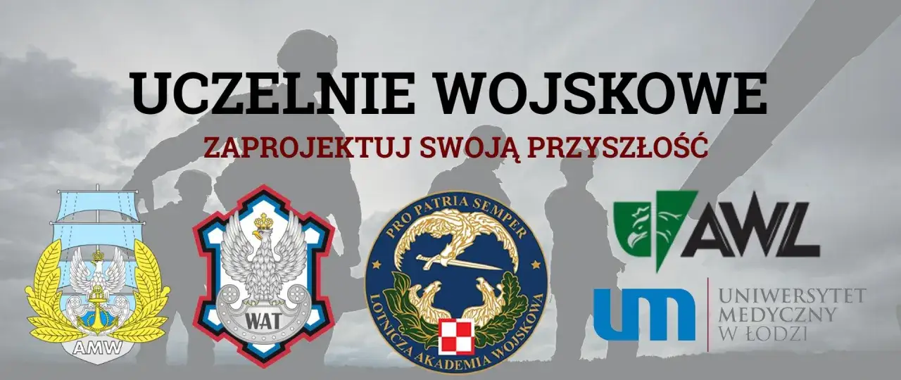Uczelnie wojskowe zapraszają do projektowania przyszłości. Widoczne logotypy AMW, WAT, Lotniczej Akademii Wojskowej, AWL i Uniwersytetu Medycznego w Łodzi.