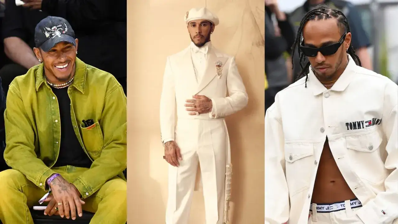 Lewis Hamilton showcases his bold Lewis Hamilton fashion sense in three distinct looks: a vibrant lime green outfit, a sophisticated cream suit, and a casual white Tommy Hilfiger jacket.