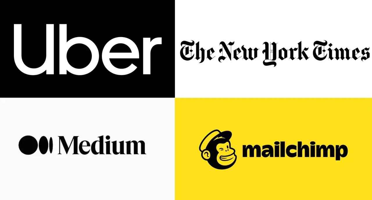 Logo Uber, The New York Times, Medium i Mailchimp. Różnorodne, nowoczesne czcionki odzwierciedlają charakter marek.