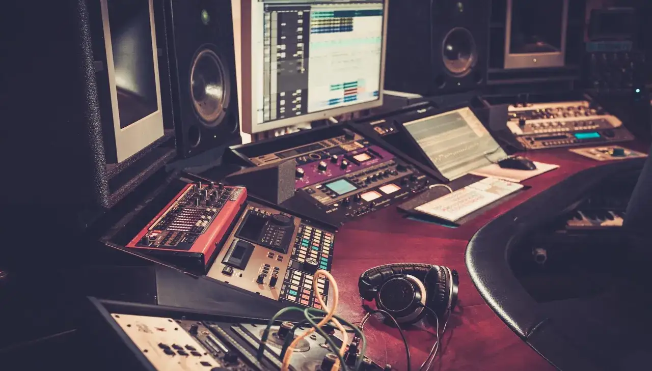 Profesjonalne studio nagraniowe z konsolą, monitorami i słuchawkami. Tu powstaje muzyka, a remaster to proces odświeżania starych nagrań.