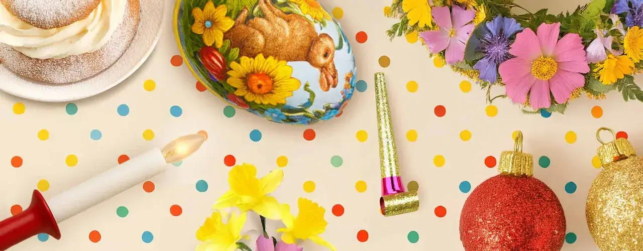 Fira in de roda dagarna med semla, p&aring;sk&auml;gg, blommor och glitter. En festlig dukning f&ouml;r glada stunder.
