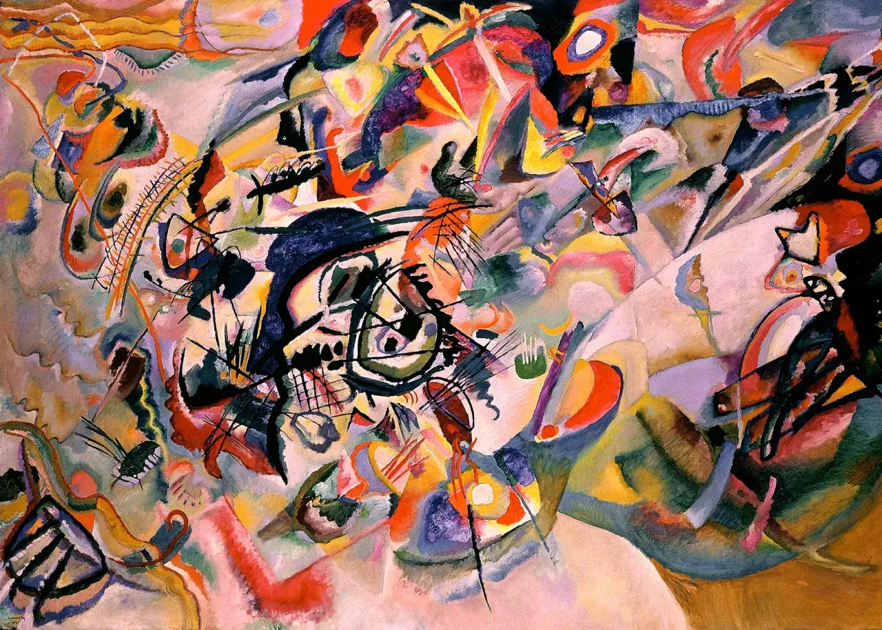 Composition VIII, la célèbre œuvre de Vassily Kandinsky, explose en formes et couleurs vives, une symphonie visuelle abstraite.