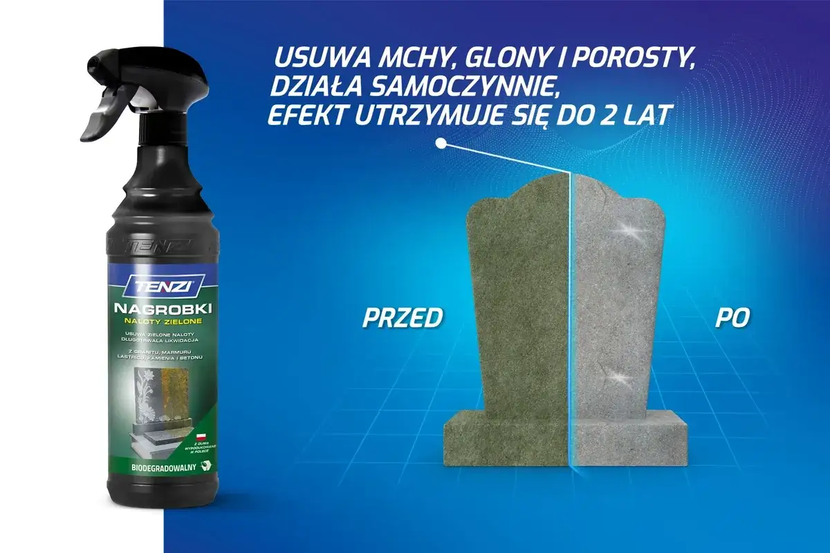 Preparat do usuwania mchu i porostów z nagrobków. Pokazuje efekt 