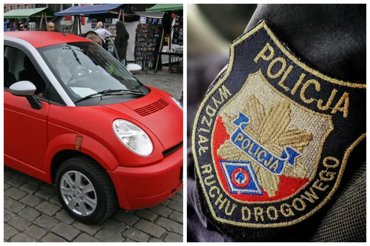 Czerwony pojazd, który może być prowadzony bez prawka, obok naszywki policji.