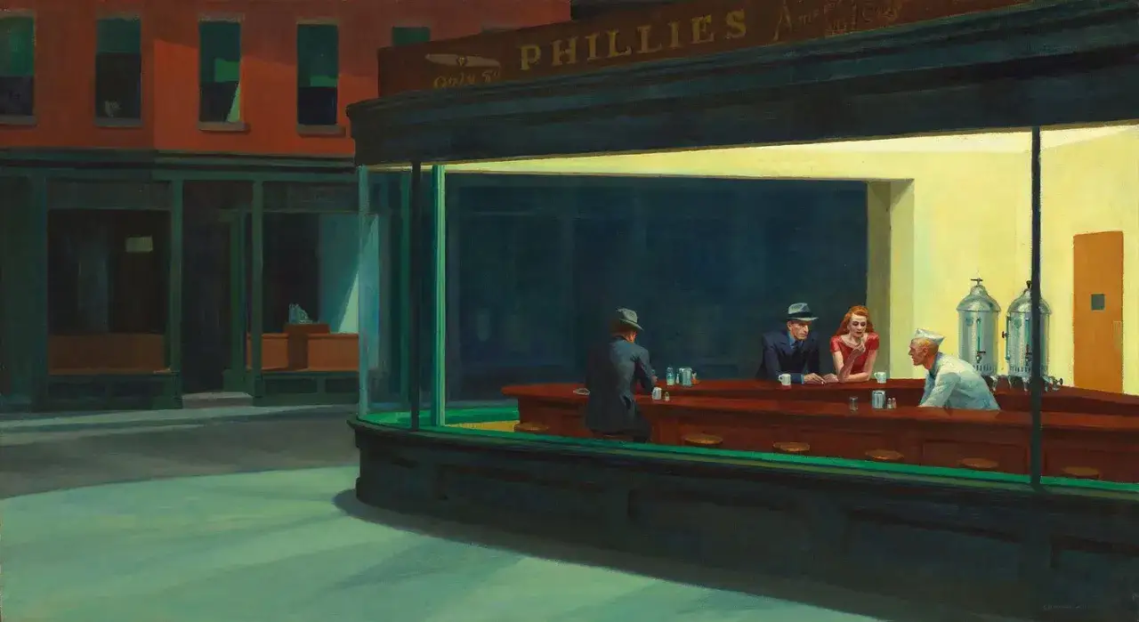 Un tableau d'Edward Hopper : une scène nocturne dans un diner éclairé, où quelques âmes solitaires partagent un moment suspendu.