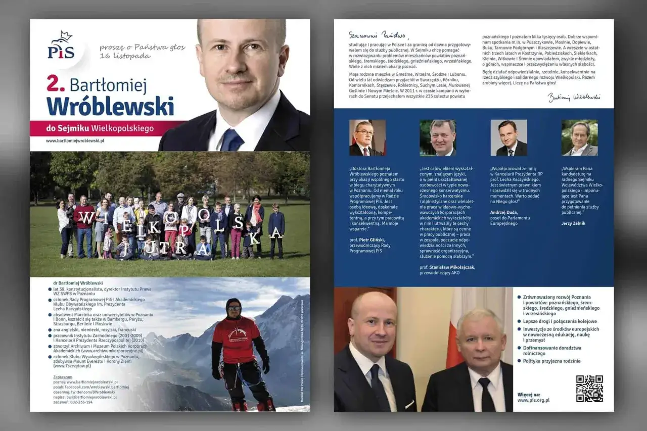 Ulotka wyborcza Bartłomieja Wr&oacute;blewskiego do Sejmiku Wielkopolskiego. Kandydat PiS.