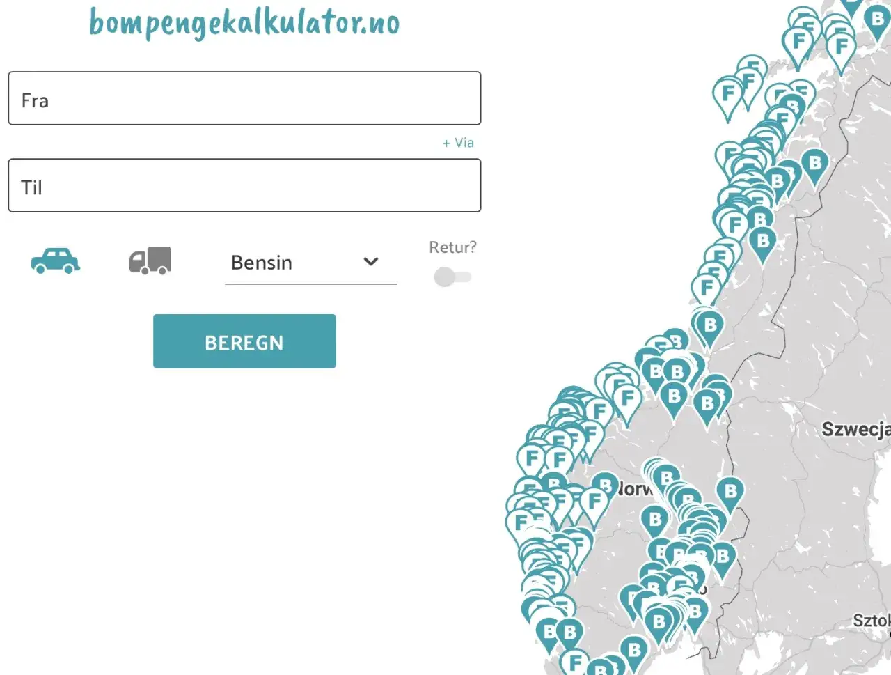 Kalkulator opłat drogowych w Norwegii. Wpisz trasę, wybierz pojazd i paliwo, aby obliczyć koszty. Mapa pokazuje punkty poboru opłat.